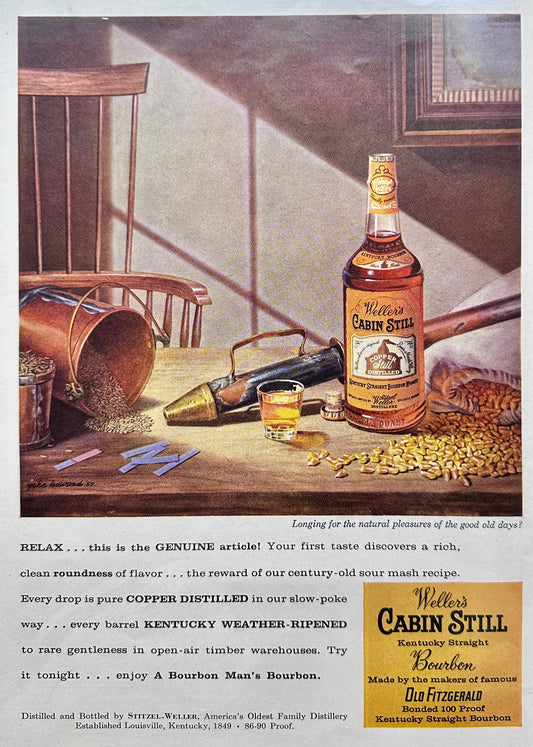 1960 Wellers Cabin Still Bourbon & RCA Victor Color TV Vintage Ads