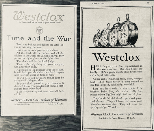 1918 & 1919 Westclox Big Ben Alarm Clock Vintage Ads N943