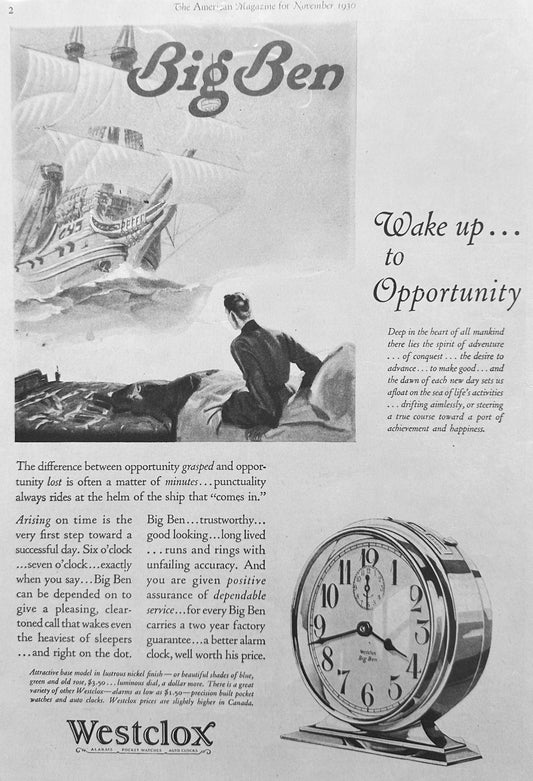1930 Westclox Big Ben Alarm Clock & Whitman Chocolates Vintage Ads N944