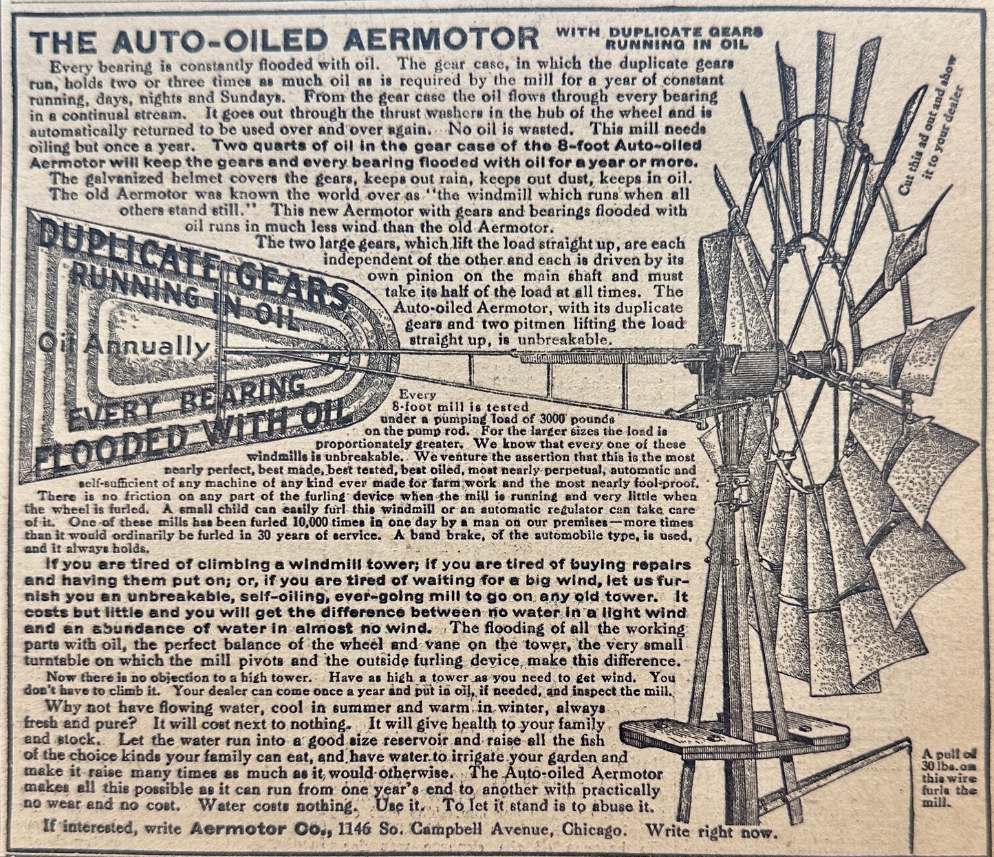 1910 - 1919 Aermotor Auto-Oiled Windmill - Vintage Ad