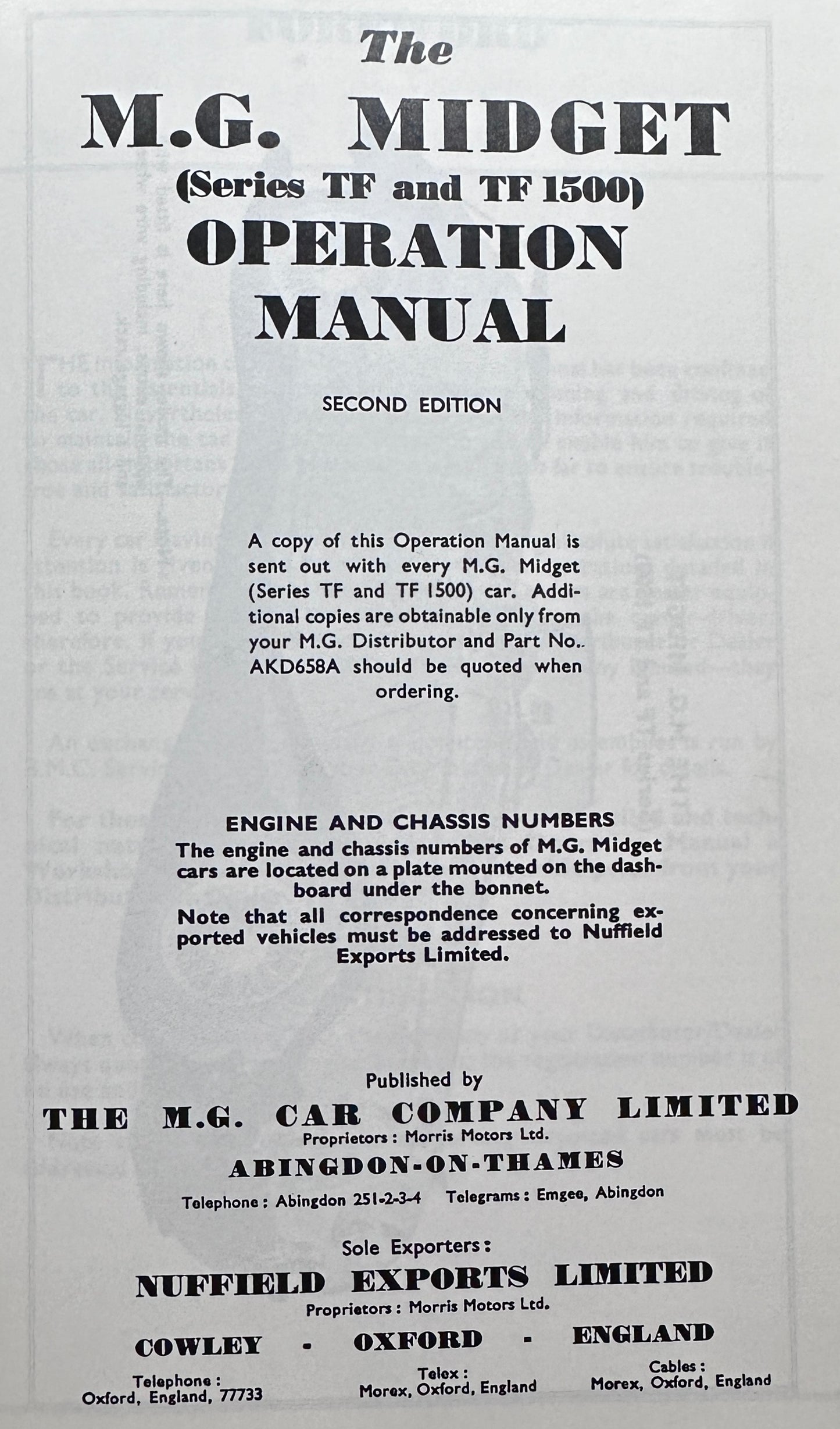 1989 Reprint The MG Midget (Series TF & TF 1500) Operation Manual