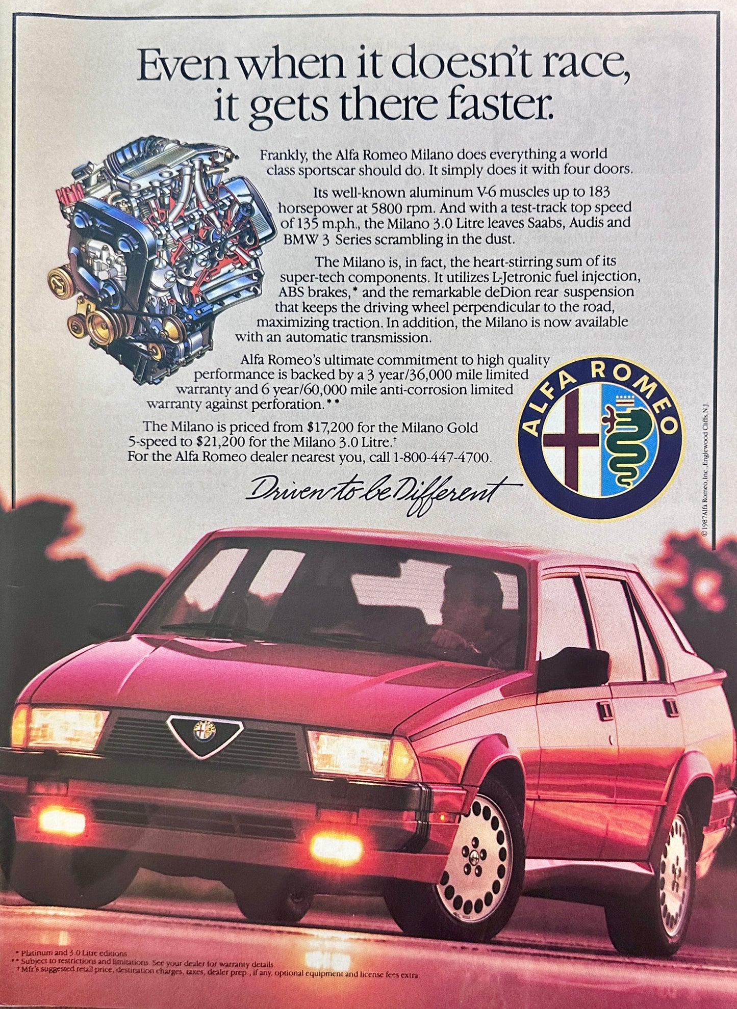 1988 Red Alfa Romeo Milano Vintage Ad - It Gets There Faster!