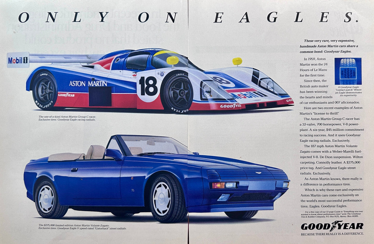 1989 - Goodyear Tire 2-Page Ad featuring Aston Martin Cars - Vintage Ad