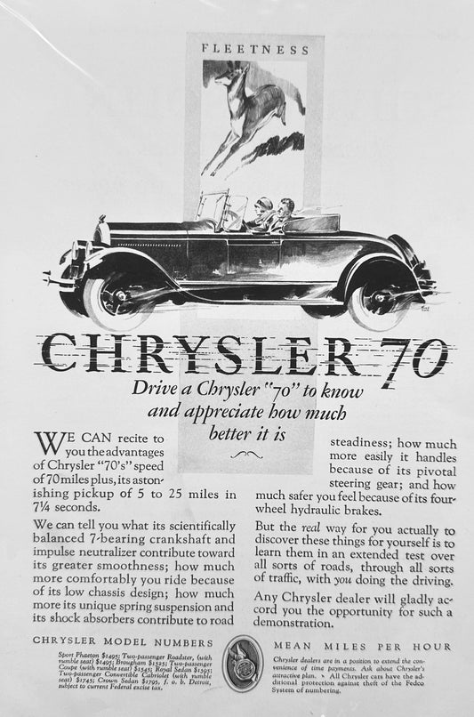1927 Chrysler 70 - Fleetness Roaring Twenties Graphic - Vintage Ad #A117