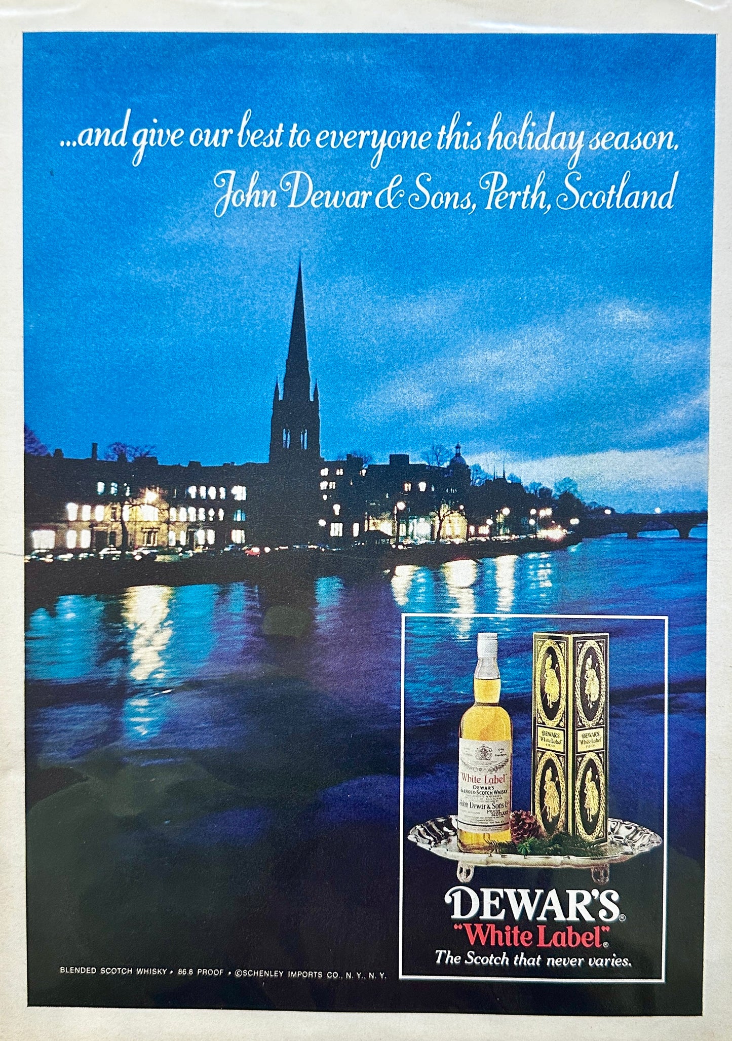 1976 Dewars Blended Whiskey - Perth, Scotland Skyline in Background - Vintage Ad