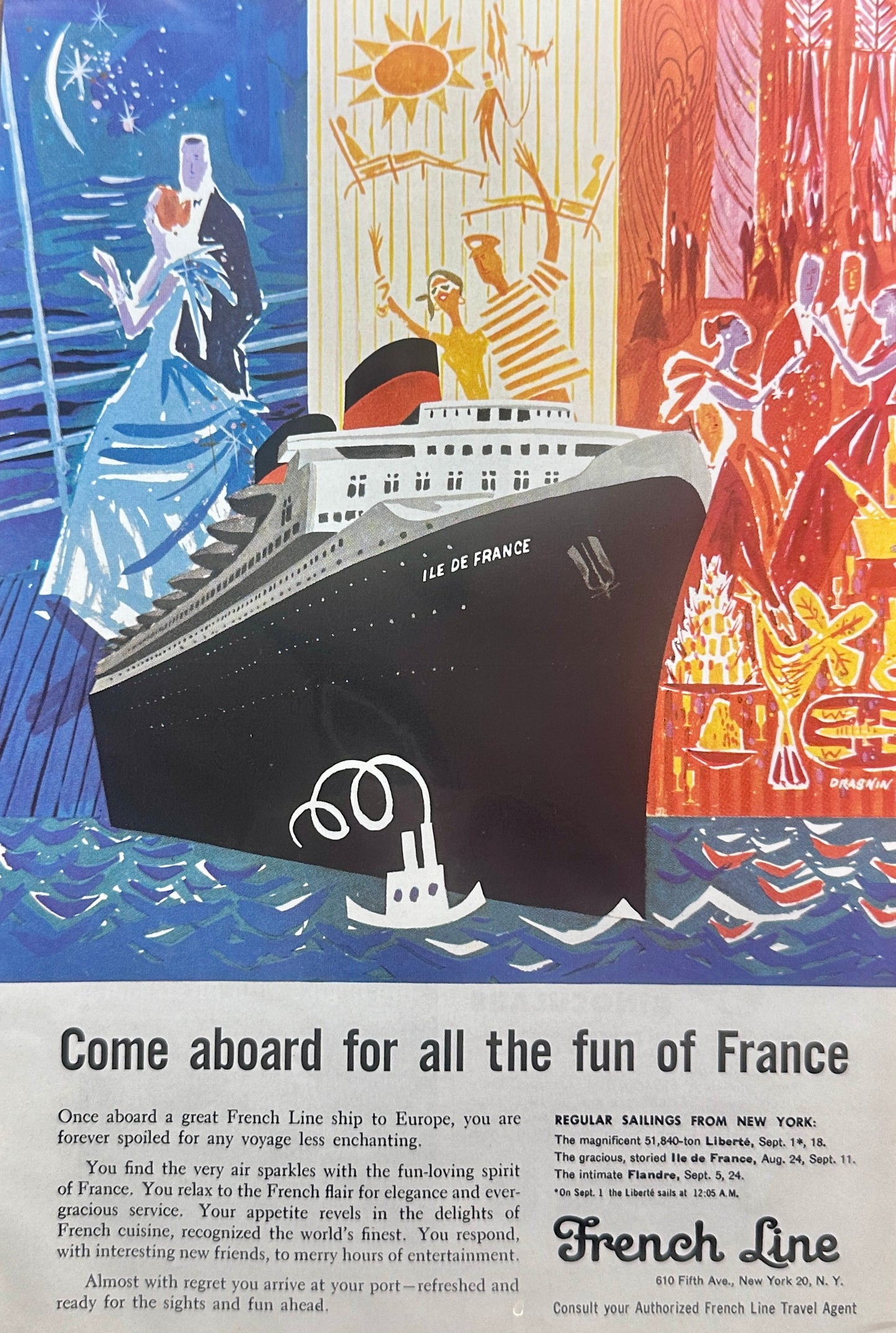 1957 French Line Cruises - All the Fun of France - Vintage Ad