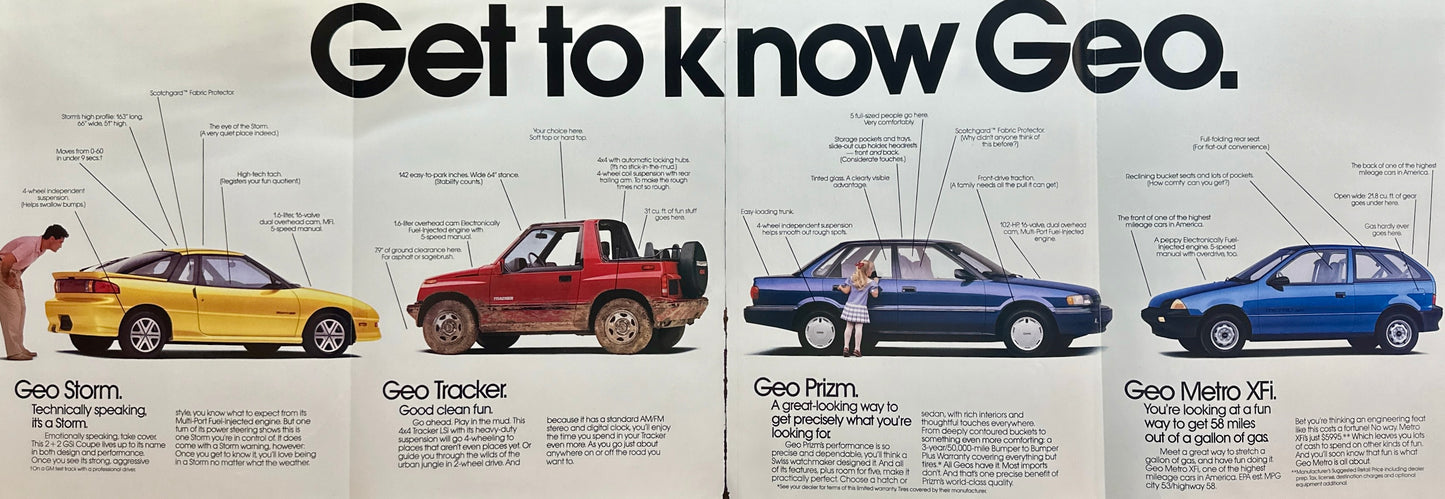 1989 Chevrolet GEO 4-Fold Magazine Ad Tracker, Storm, Prizm, Metro XFi