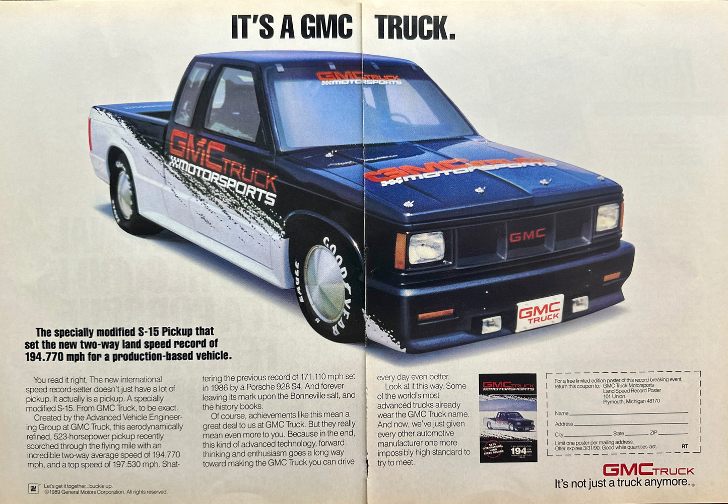 1990 GMC S-15 Pickup Truck 2-page Magazine Ad - New International Speed Record