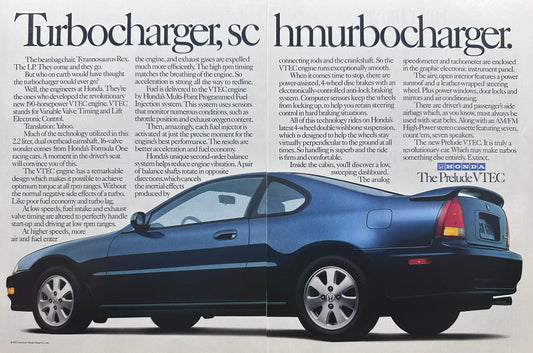 1992 2-Page Honda Prelude Magazine Ad - Turbocharger - no VTEC!