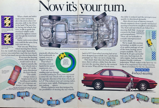 1988 Red Honda Prelude SI 2-Page Ad - with 4 Wheel Steering - Vintage Ad