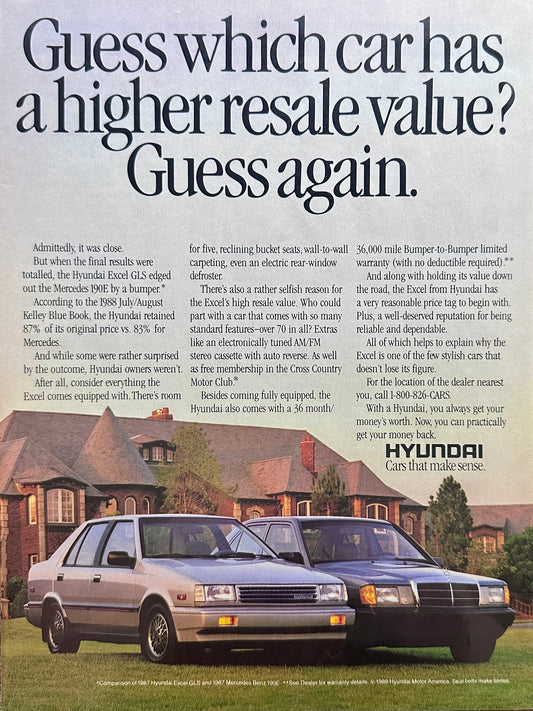 1988 Hyundai Sonata edge Mercedes 190E in Resale Value - Vintage Ad