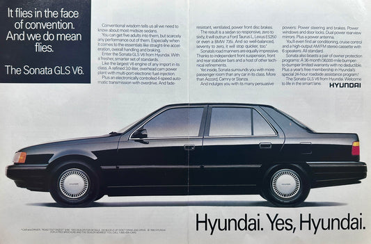 1990 2-Page Hyundai Sonata GLS Black 4- Door Sedan Vintage Ad