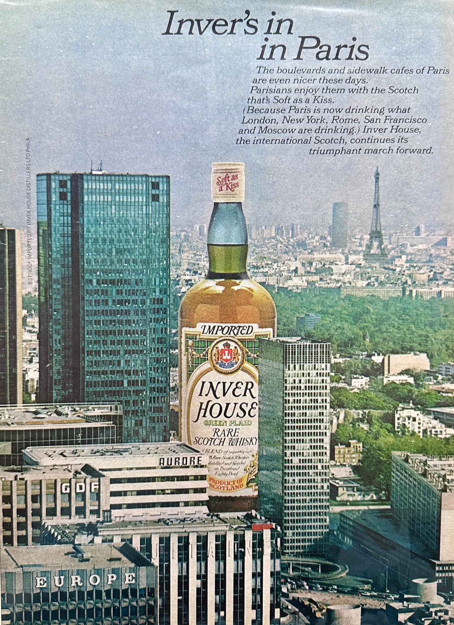 1976 Invers Scotch Whiskey - In Paris - Soft As A Kiss - Vintage Ad