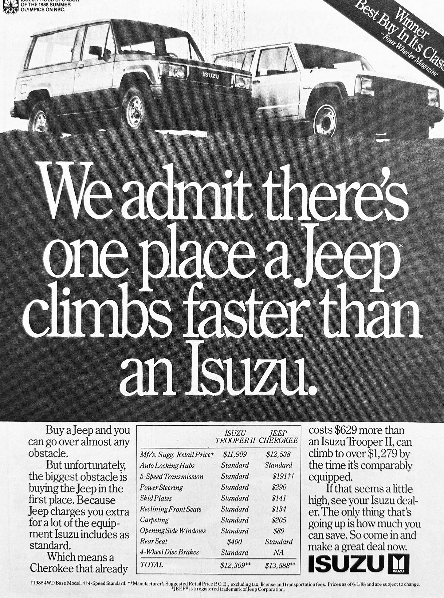 1988 Isuzu Trooper Vs Jeep Cherokee - Climbs Faster - Magazine Ad