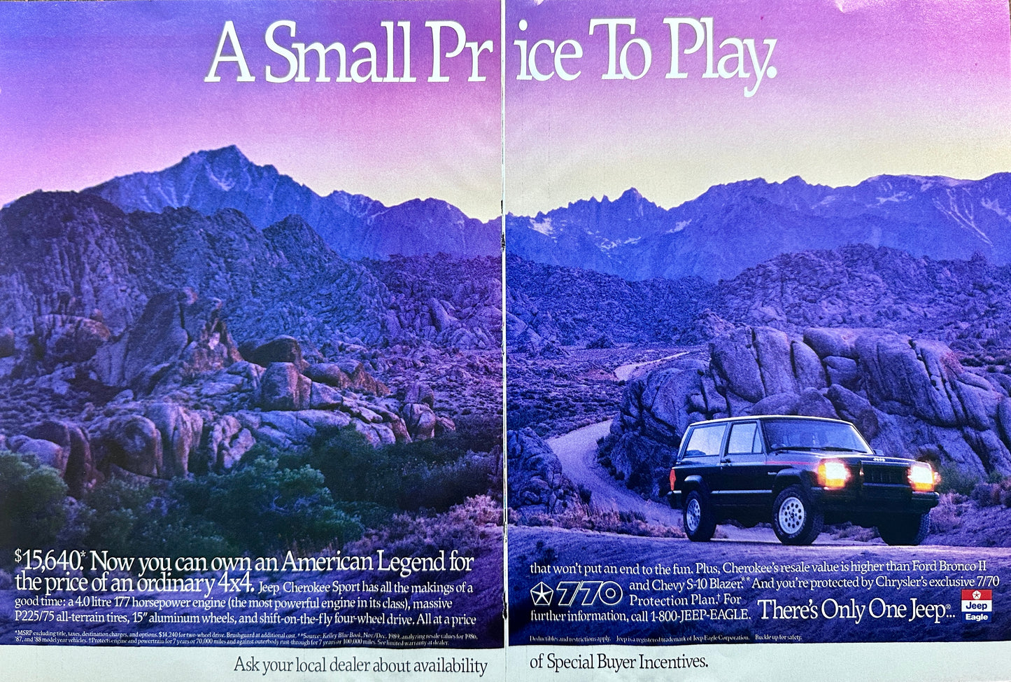 1990 2-Page Jeep Cherokee - A Small Price To Pay - Vintage Ad