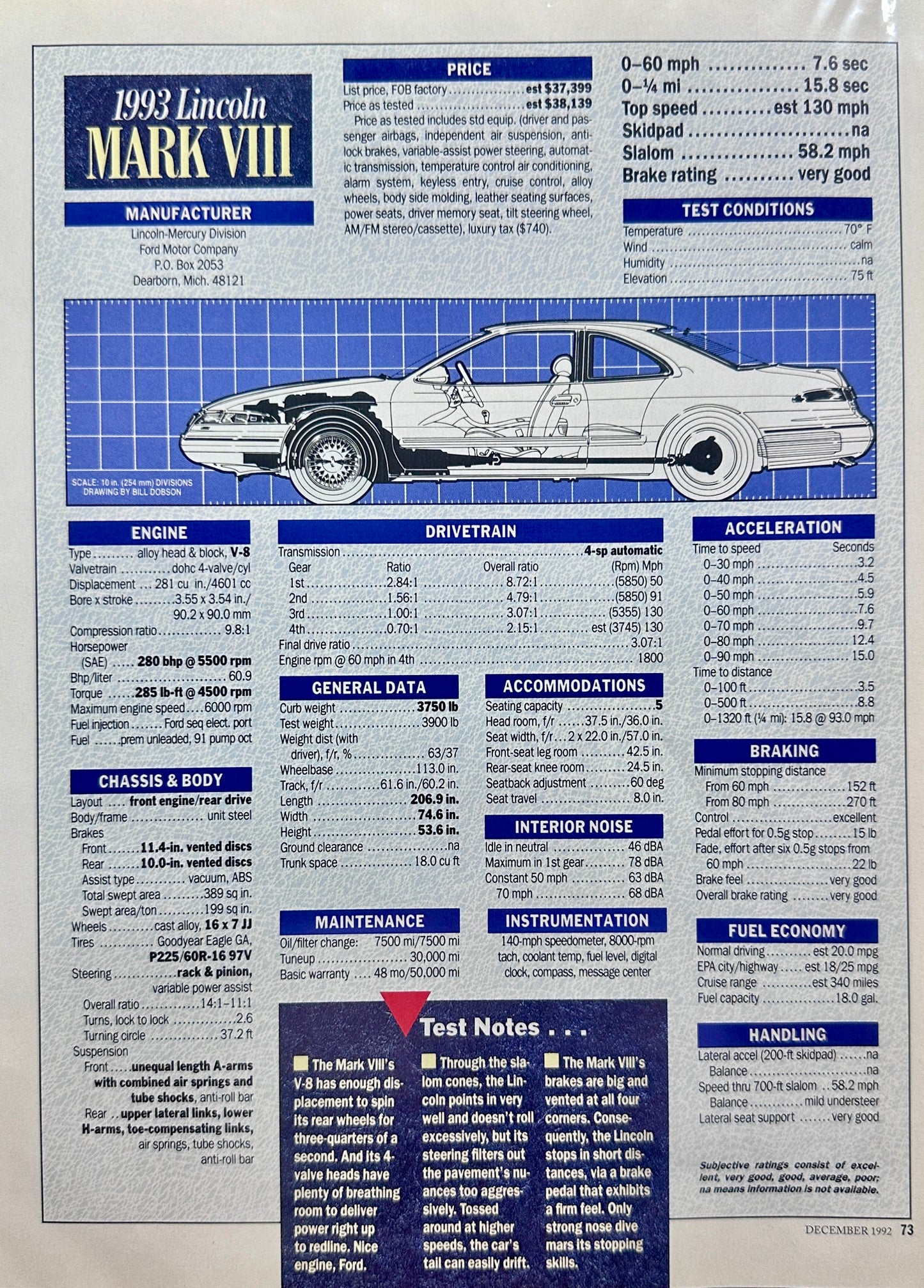 1993 Lincoln Mark VIII Road & Track Test Summary - Vintage Feature Page