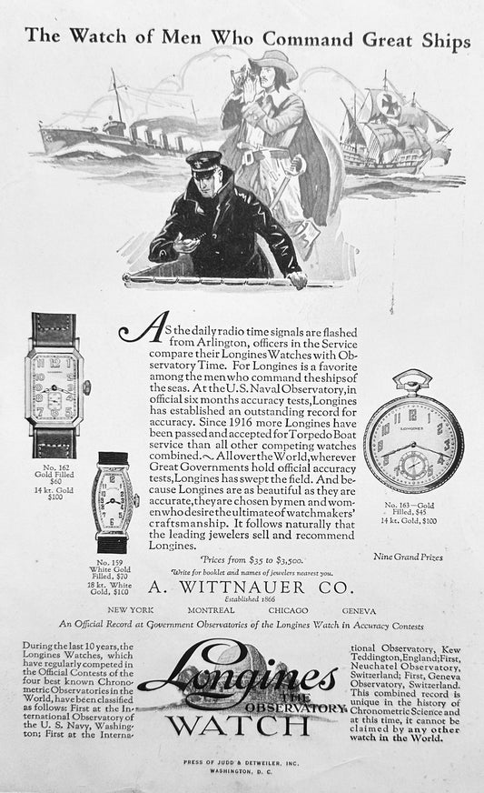 1927 Longines "the Observatory" Watch - Men Who Command Great Ships - Ad