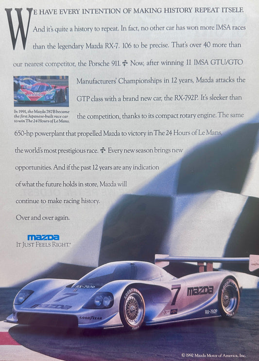 1992 Mazda RX-792P race car - IMSA GTU/GTO Vintage Ad