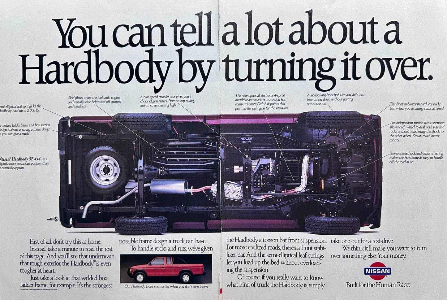 1988 Nissan Hardbody Pickup Truck - Turning It Over - Vintage 2-Page Ad