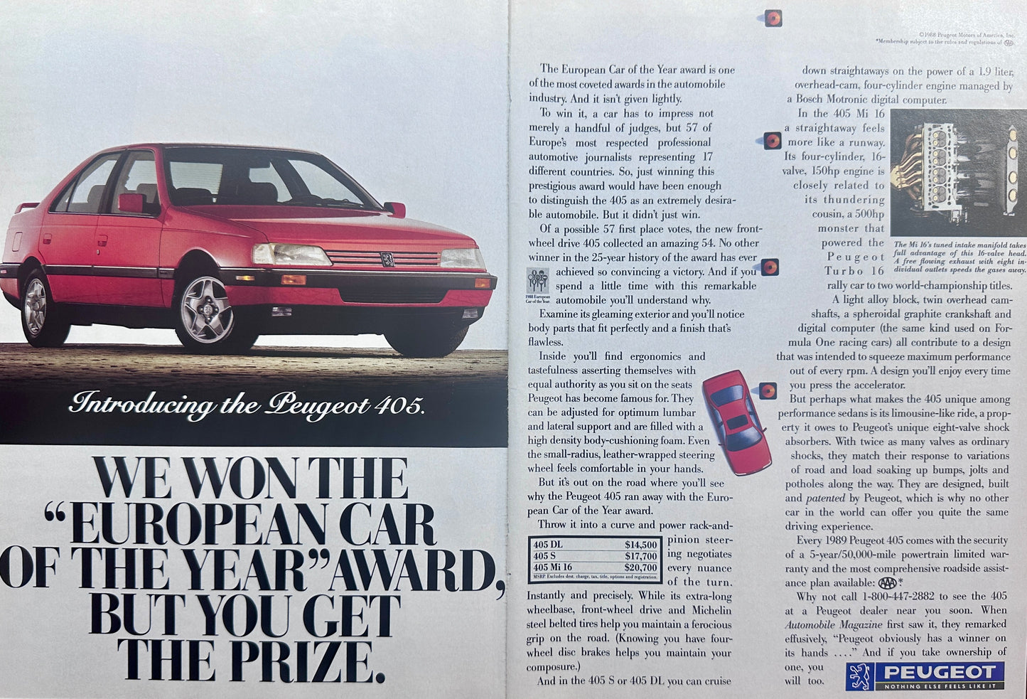 1988 2-Page Peugeot Red 405 Car of the Year - You get the Prize Vintage Ad