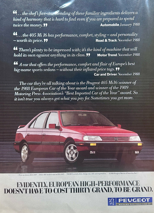 1989 Peugeot 405 European High Performance but NOT 30 Grand - Vintage Ad