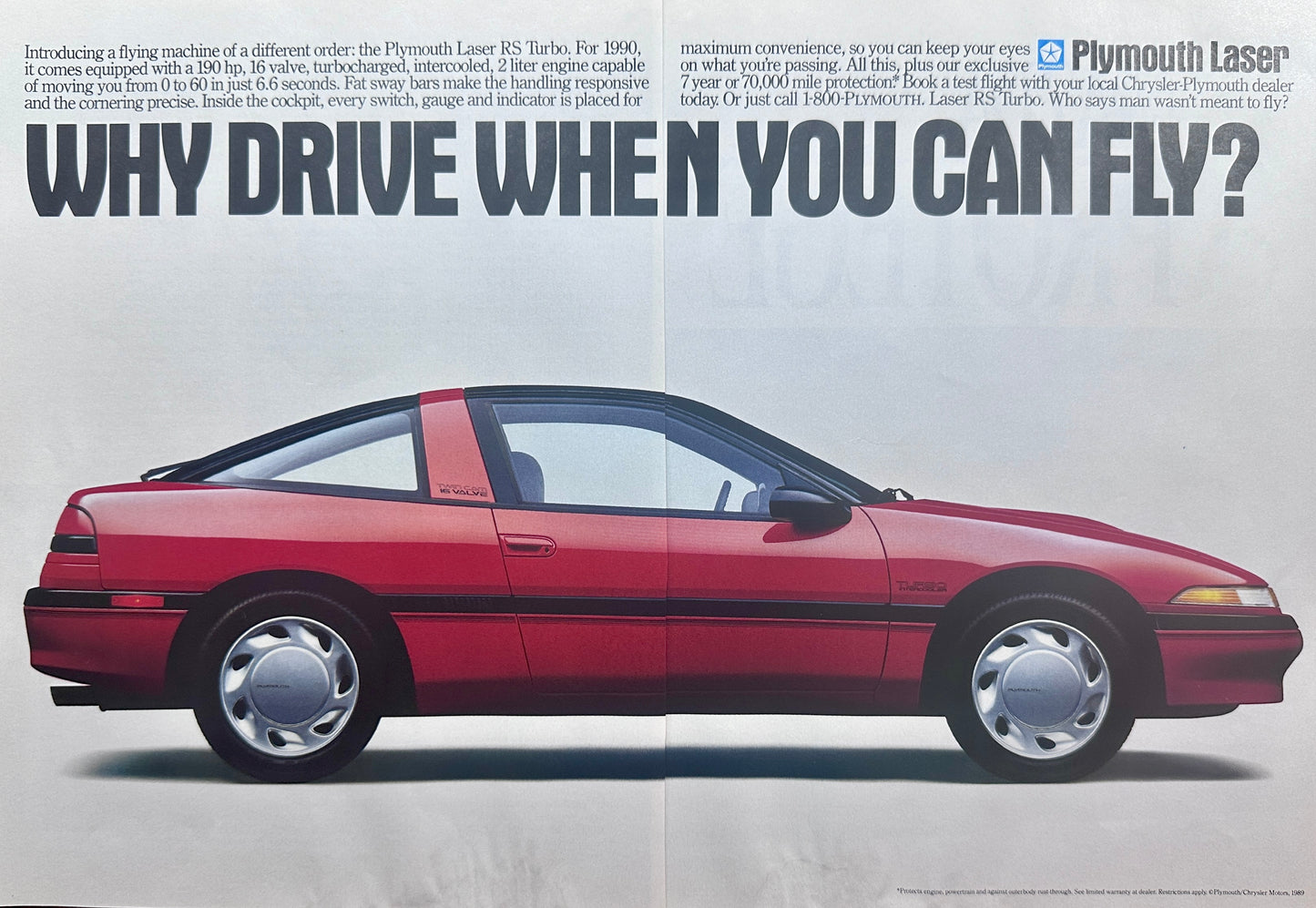 1990 Plymouth Laser 2-Page Vintage Ad Why Drive When You Can Fly?