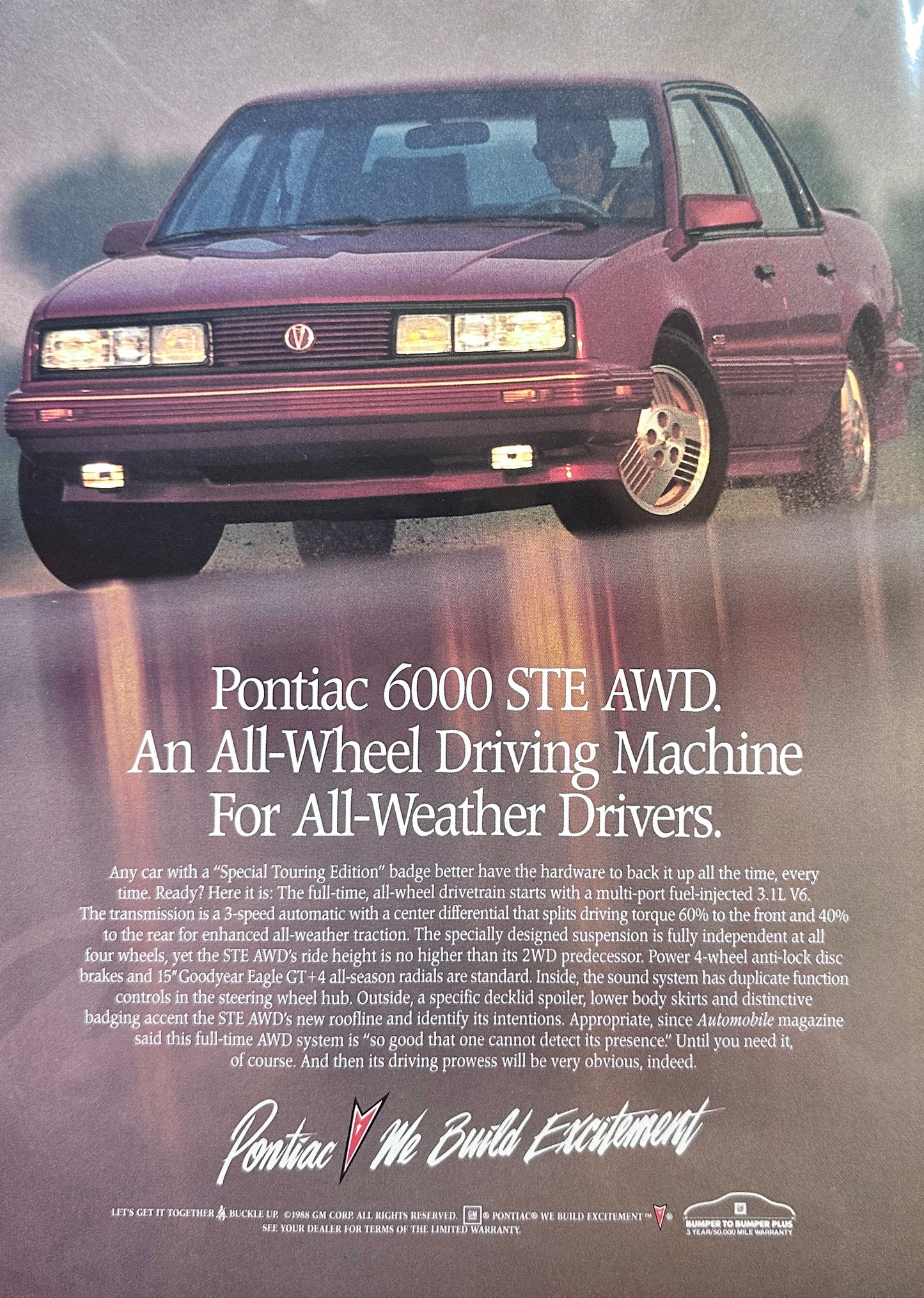 1988 Pontiac 6000 STE AWD - For All Weather Drivers Vintage Ad