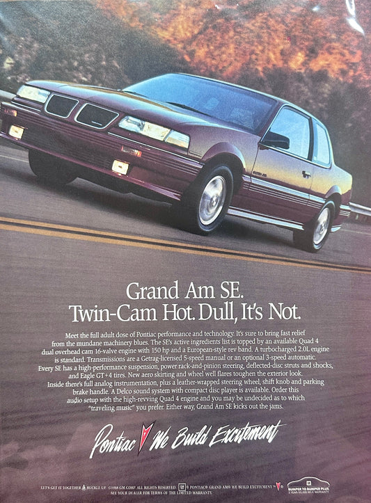 1989 Pontiac Grand Am SE Twin-Cam Hot. Dull, It's Not. Vintage Ad