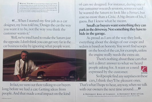 1990 Saturn Designer Wayne Vieira Talks about Car Design Vintage 2-Page Ad