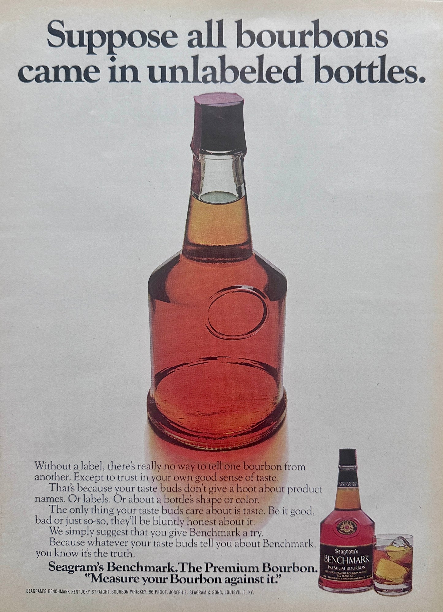 1976 Seagram's Benchmark Bourbon - Unlabeled Bottle - Vintage Ad