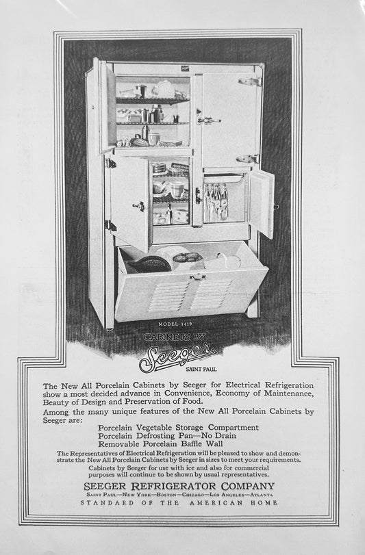 1927 Seeger Porcelain Cabinets for Electrical Refrigeration - Vintage Ad N825