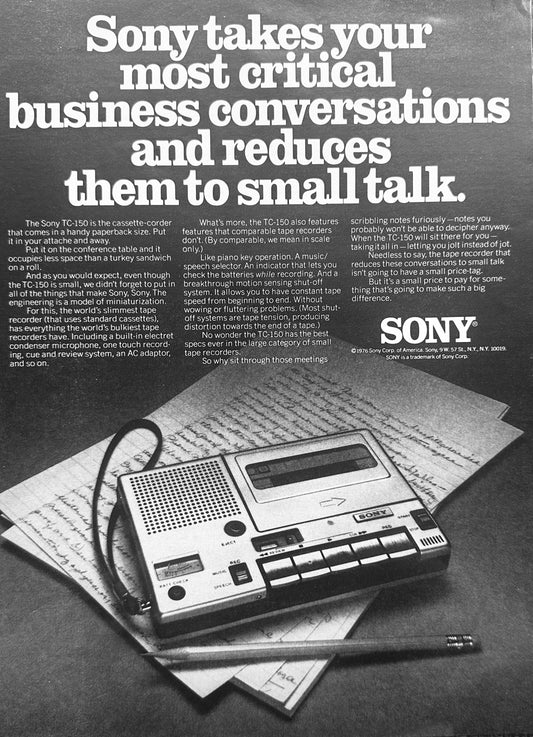 1976 Sony Portable Tape Recorder - Paperback Size for Business - Vintage Ad