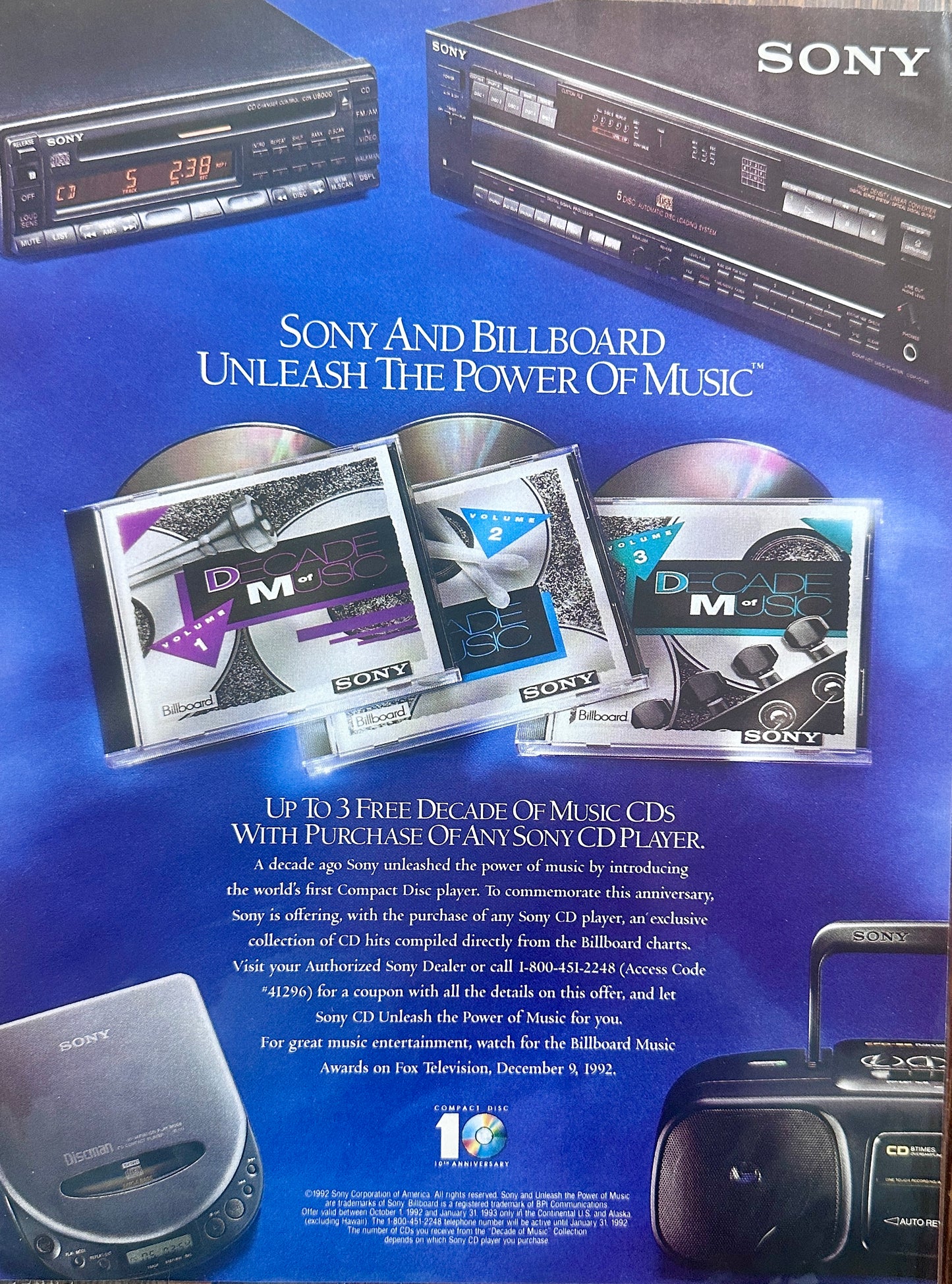 1992 Sony Portable CD Player + 3 Free Music CD's with Purchase - Vintage Ad