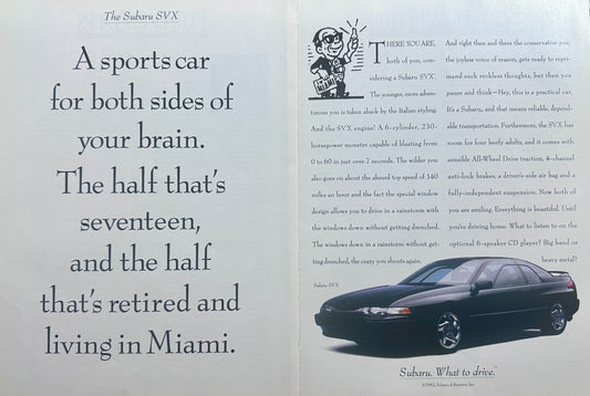 1992 Subaru SVX a Sports Car For Both Sides of Your Brain - 2-Page Vintage Ad