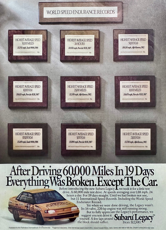 1989 Subaru Legacy - World Speed Endurance Records - Vintage Ad