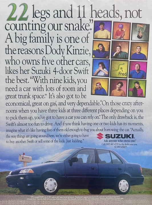 1993 Suzuki Swift - 22 legs and 11 heads - Vintage Ad