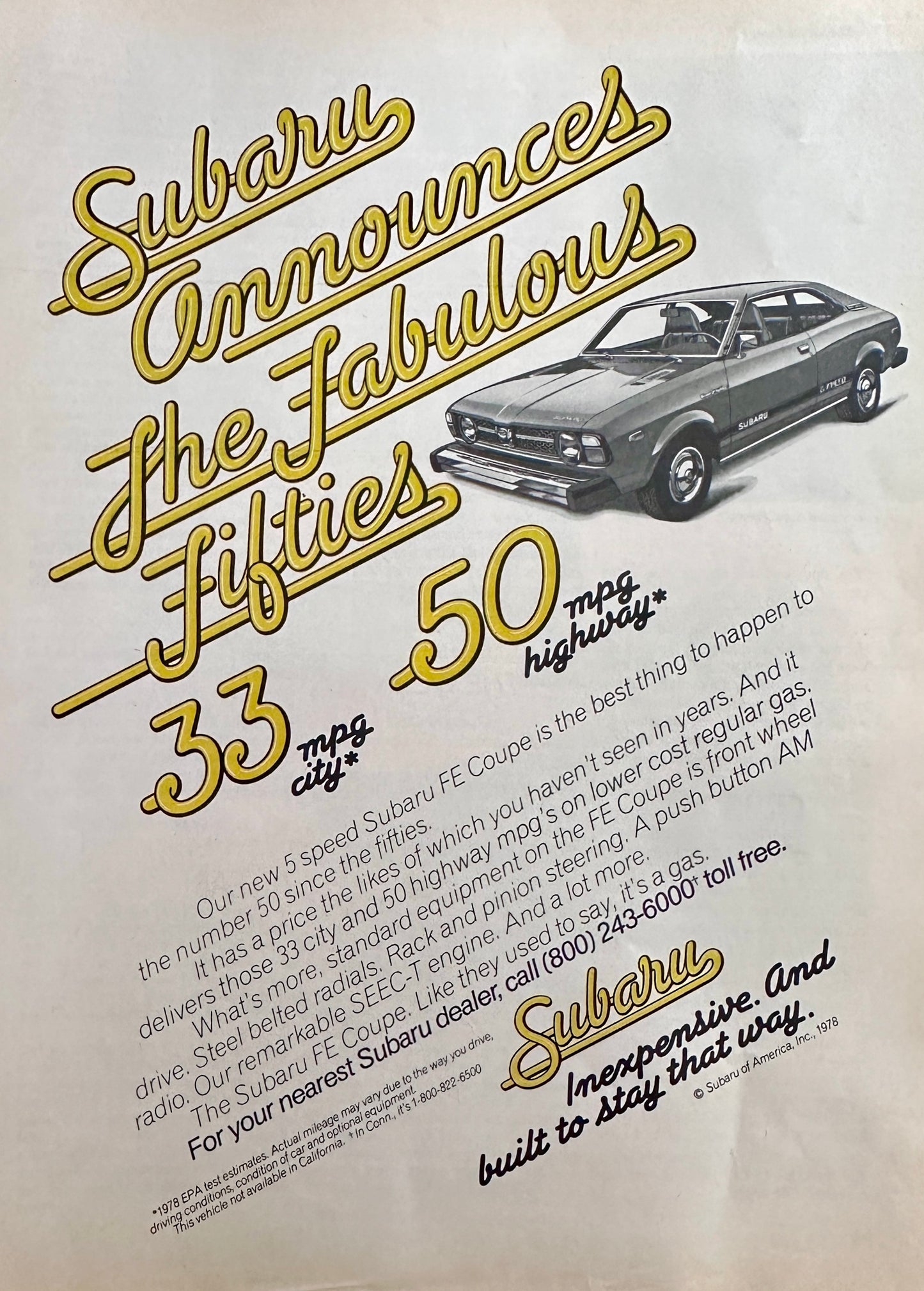 1978 Subaru FE Coupe - 50mpg - The Fabulous Fifties - Vintage Ad