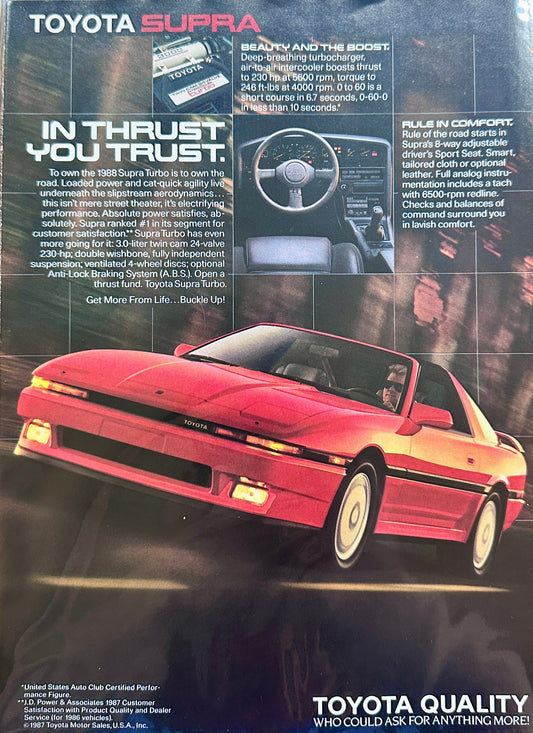 1988 Toyota Supra - In Thrust You Trust - Vintage Ad