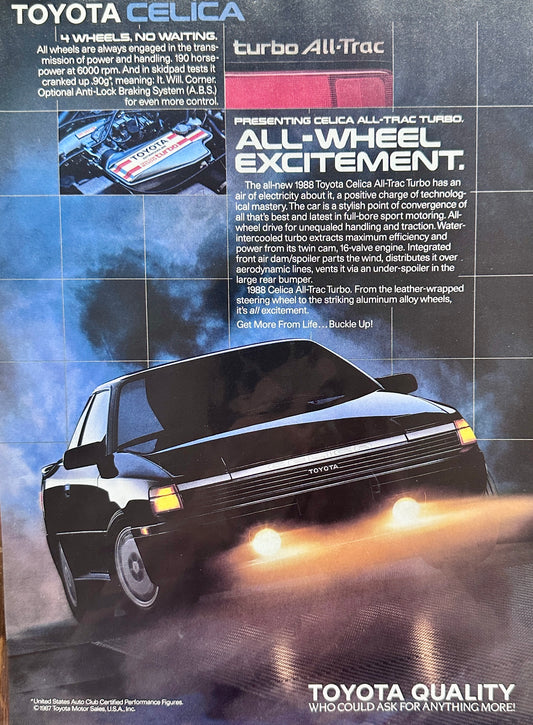 1988 Toyota Celica Turbo All-Trac 4 Wheels, No Waiting - Vintage Ad