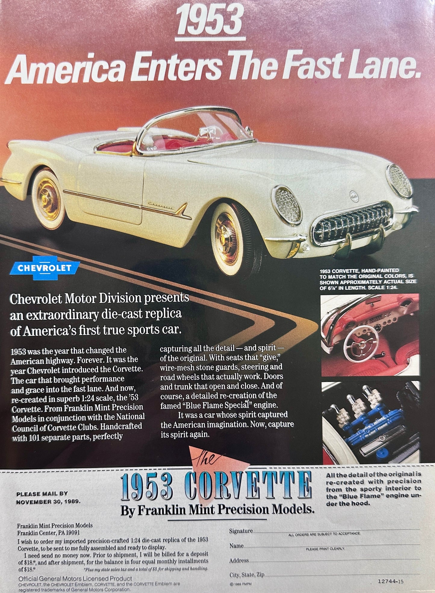 1989 Franklin Mint Ltd Edition 1953 Corvette Reservation-Order Form