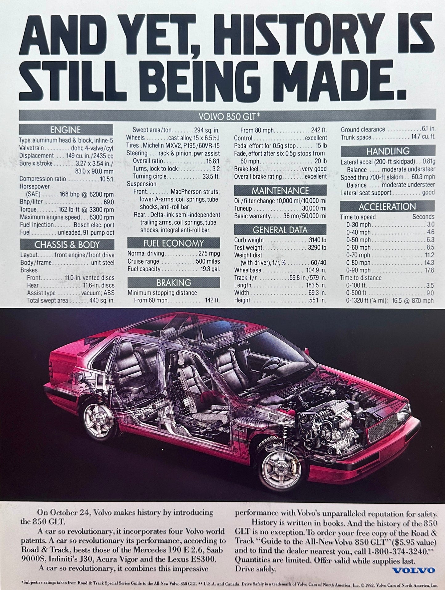 1992 Volvo 850 GLT 4-Page Centerfold heavyweight Magazine Ad