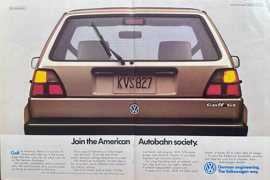 1988 2-page Volkswagen Golf GL - Join the American Autobahn Society Vintage Ad