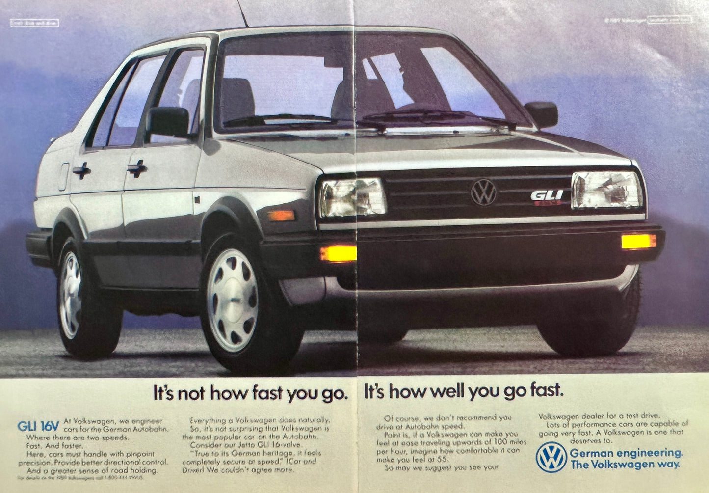 1989 2-Page Volkswagen Jetta GLI 16V Magazine Ad - How Well You Go Fast