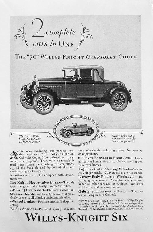 1927 Willys-Knight Six - The "70" Cabriolet Coupe - Vintage Ad #A230