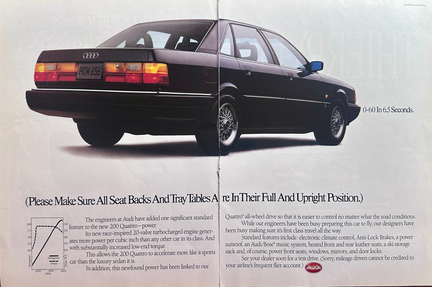 1990 Audi Quattro 2-Page Magazine Ad - Seat Backs & Tray Tables