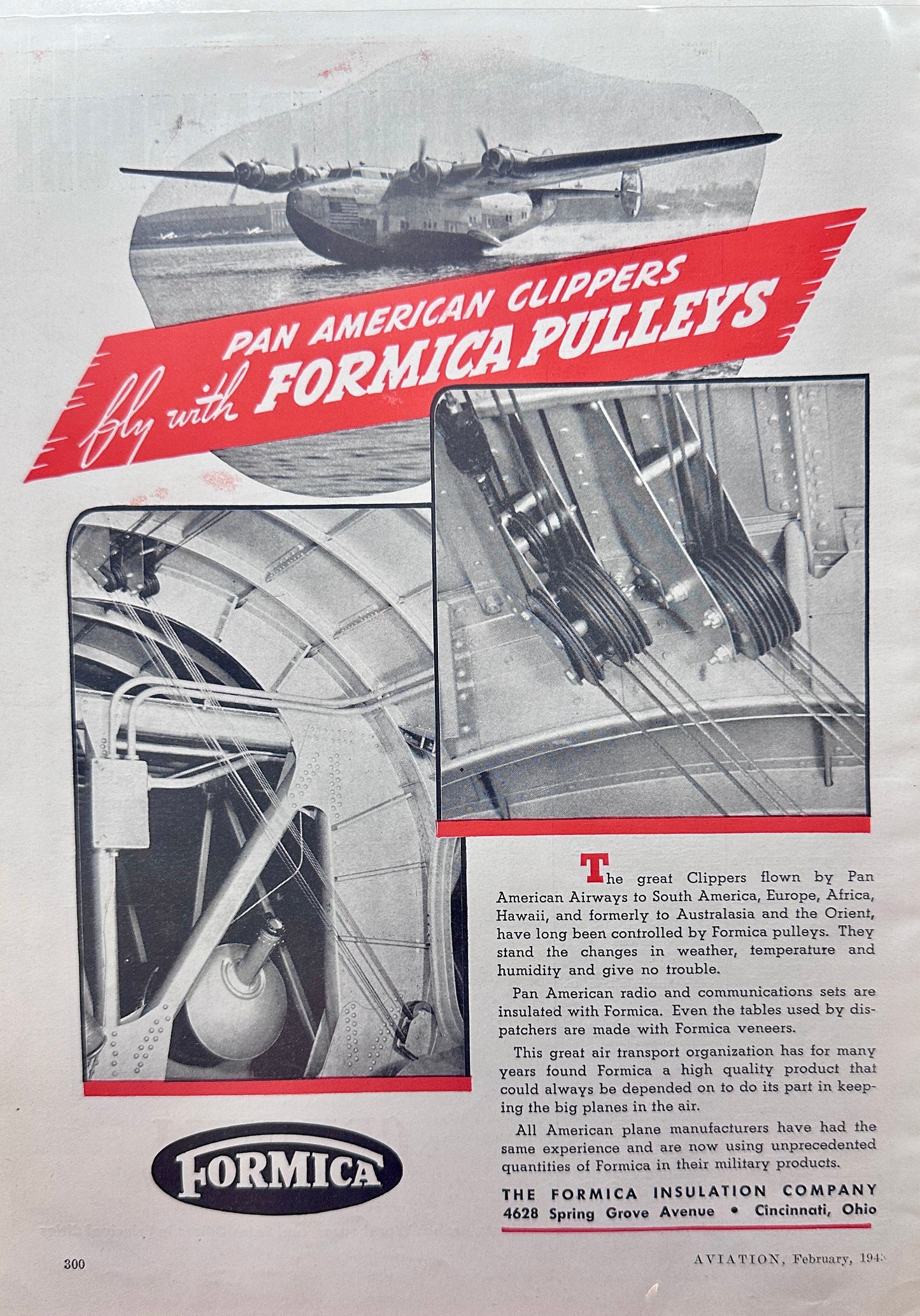 1943 Pan American Clippers Fly with Formica Pulleys Vintage Ad