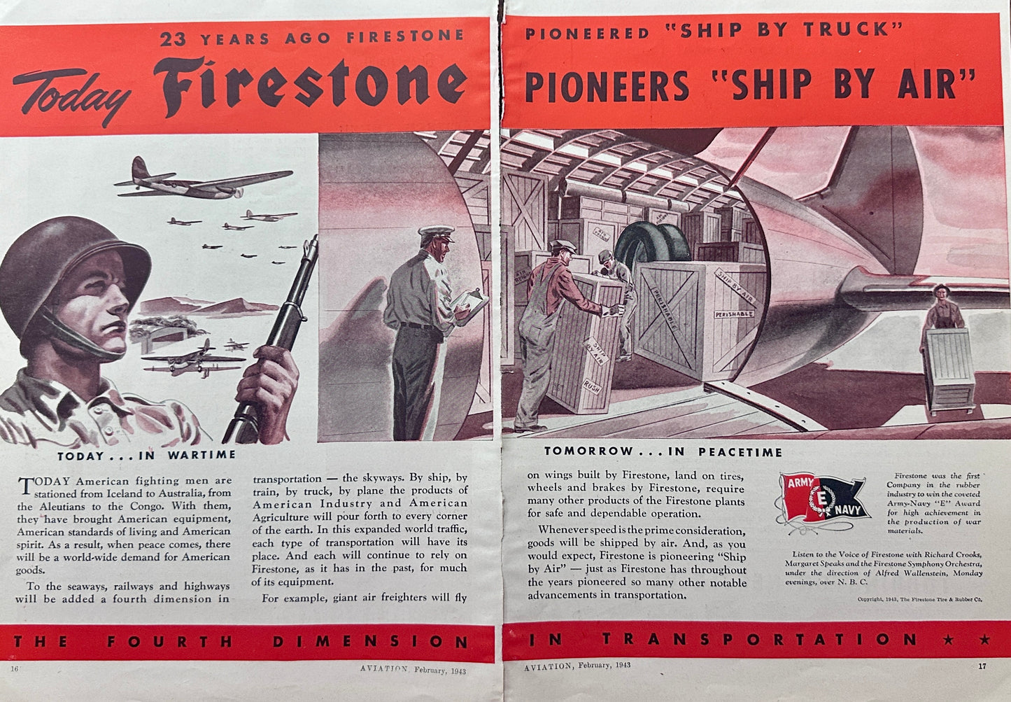 1943 Firestone 2-page "Ship By Air" WWII Era Magazine Ad