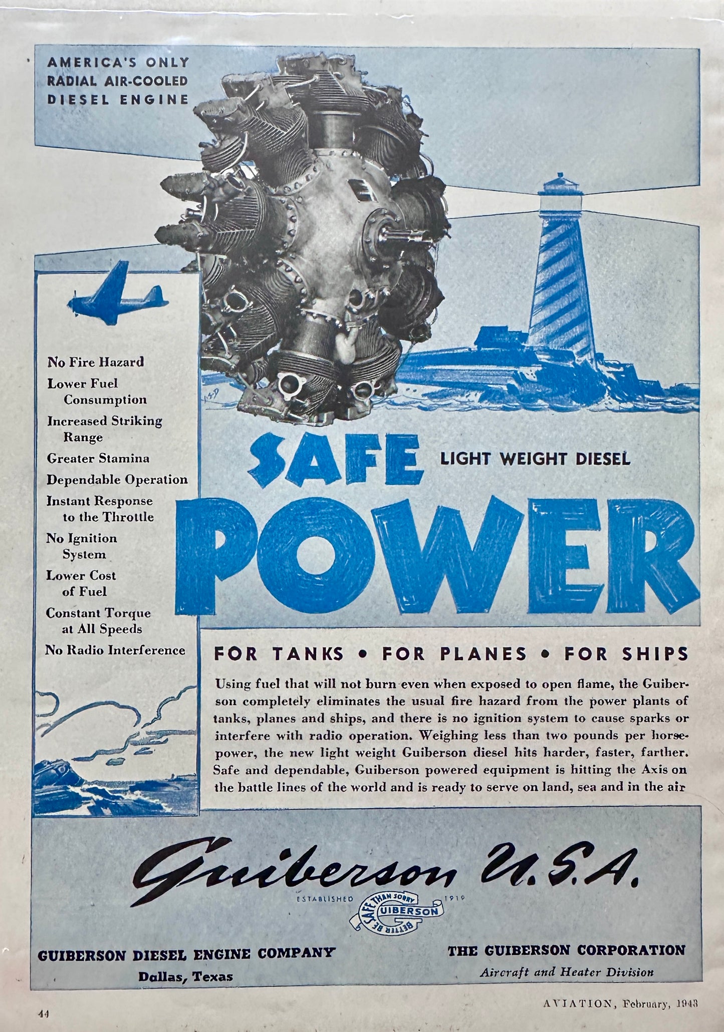 1943 WWII Era Guiberson Diesel Radial Aircraft Engine + Standard Controls Ads