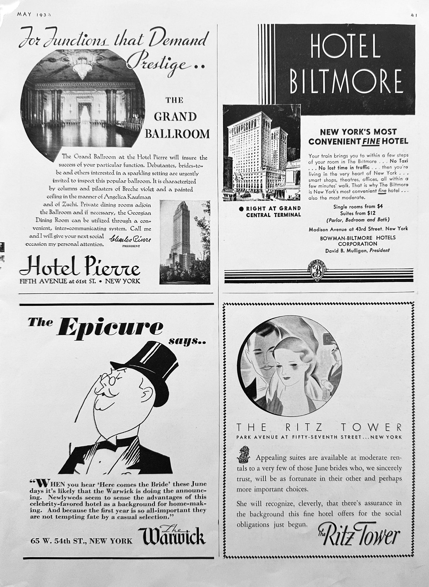 Collection of 1934 New York City Hotel Advertisements