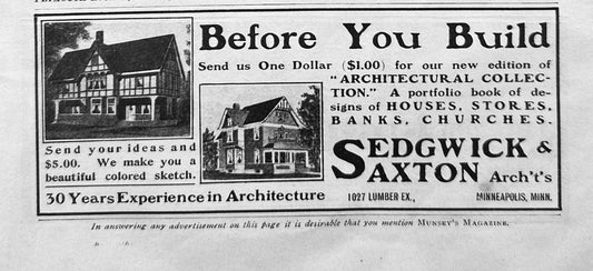 1902 Sedgwick & Saxton Architects - Minneapolis - Custom Tudor - Vintage Ad